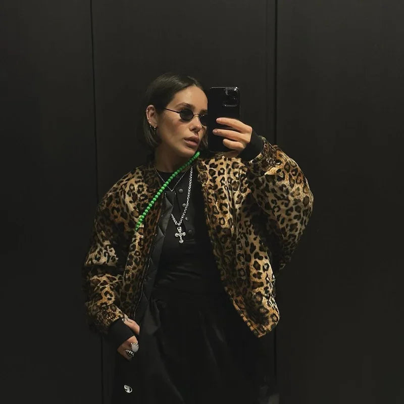 Vanity Leopard Print Zipper Long Sleeve Cropped Coat