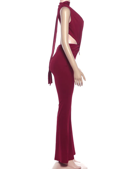 Deep V-Neck Metal Buckle Ruched Cross Bandage Jumpsuits