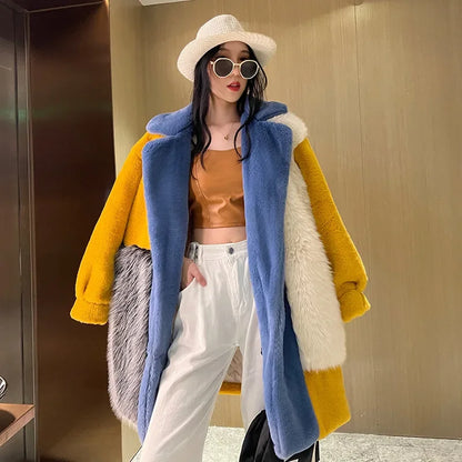 Winter Faux Fur Jackets for Women Furry Warm Splicing Contrast Color Blue Faux Fur Coat Long Jacket Cardigan Women