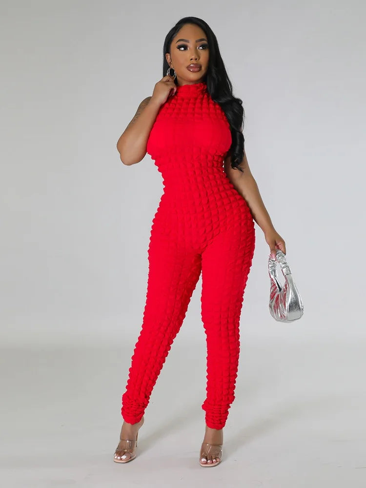 Sleeveless Popcorn Bubble Fabric Front Zipper Jumpsuits