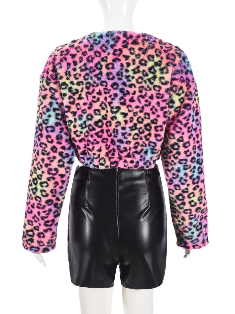 2 Piece Set Attractive Matching Outfits Open Stitch Full Sleeve Crop Coats + Fur Pockets Patchwork Short Sets