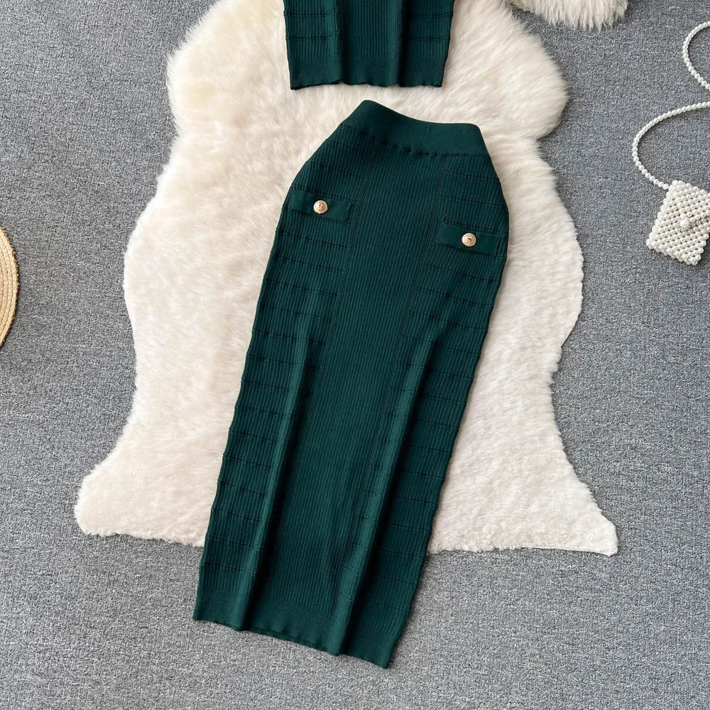 Knitted 2 Pcs. Buttons Crop Top Tanks + Slit Midi Skirt Set
