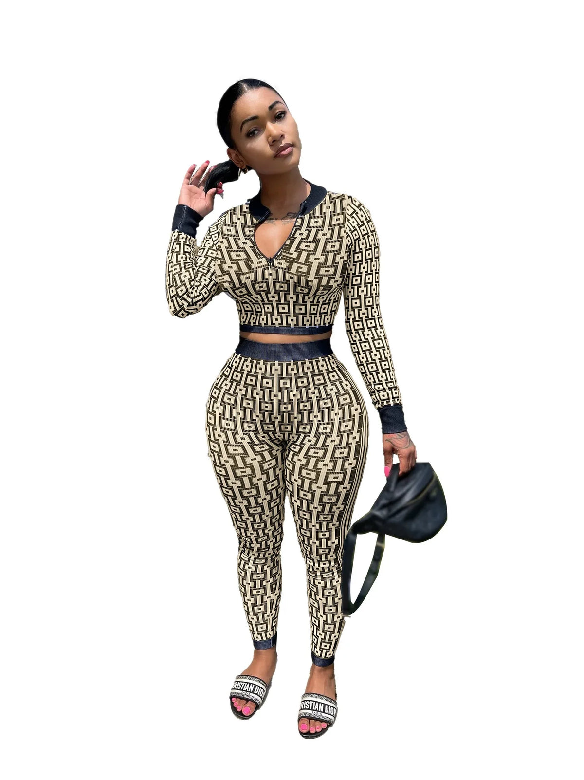 Full Sleeve Top + Long Pant Elastic Waist Y2k Elegant Slim Pant Sets [2 pcs.]