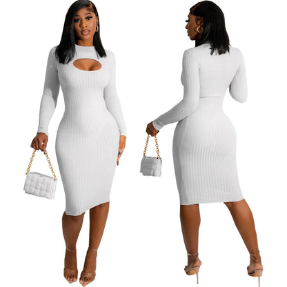 Solid color long-sleeved white collar dresses