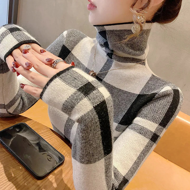 Kyli's Basic Soft Elastic Slim Turtleneck Wool Knitted Sweaters (Vintage Plaid)