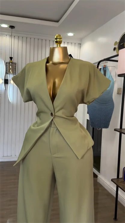 Single Button Blazer + Wide Leg Pant Sets