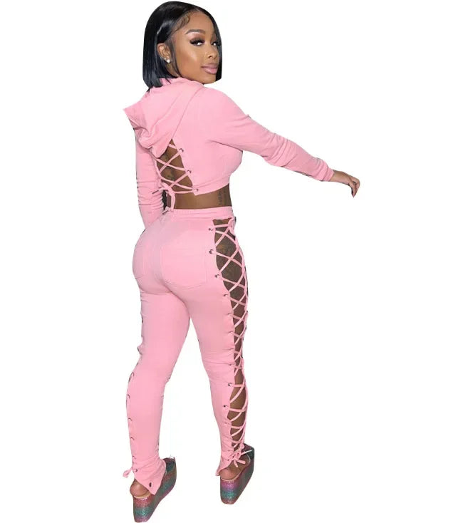 Cross-Border Tied Tops + Pants Hollow Sets(2 Piece Set)