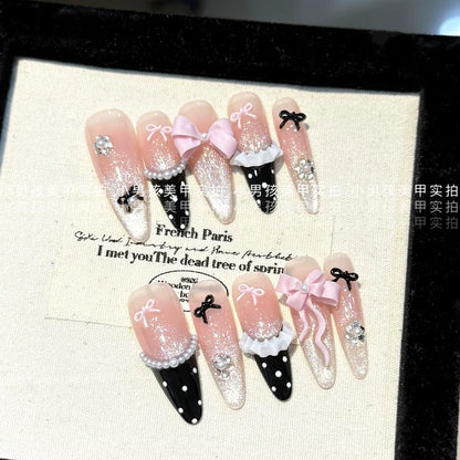 10Pcs Luxury Court Handmade Long Stiletto Full Cover Nails 3D Spice Girl Sparkling Diamond Bow Pearl Flowers Wearable Fake Nails