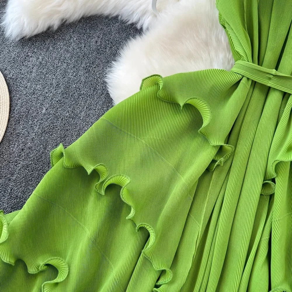 Stand Collar Lace Up Ruffles Boho Dresses