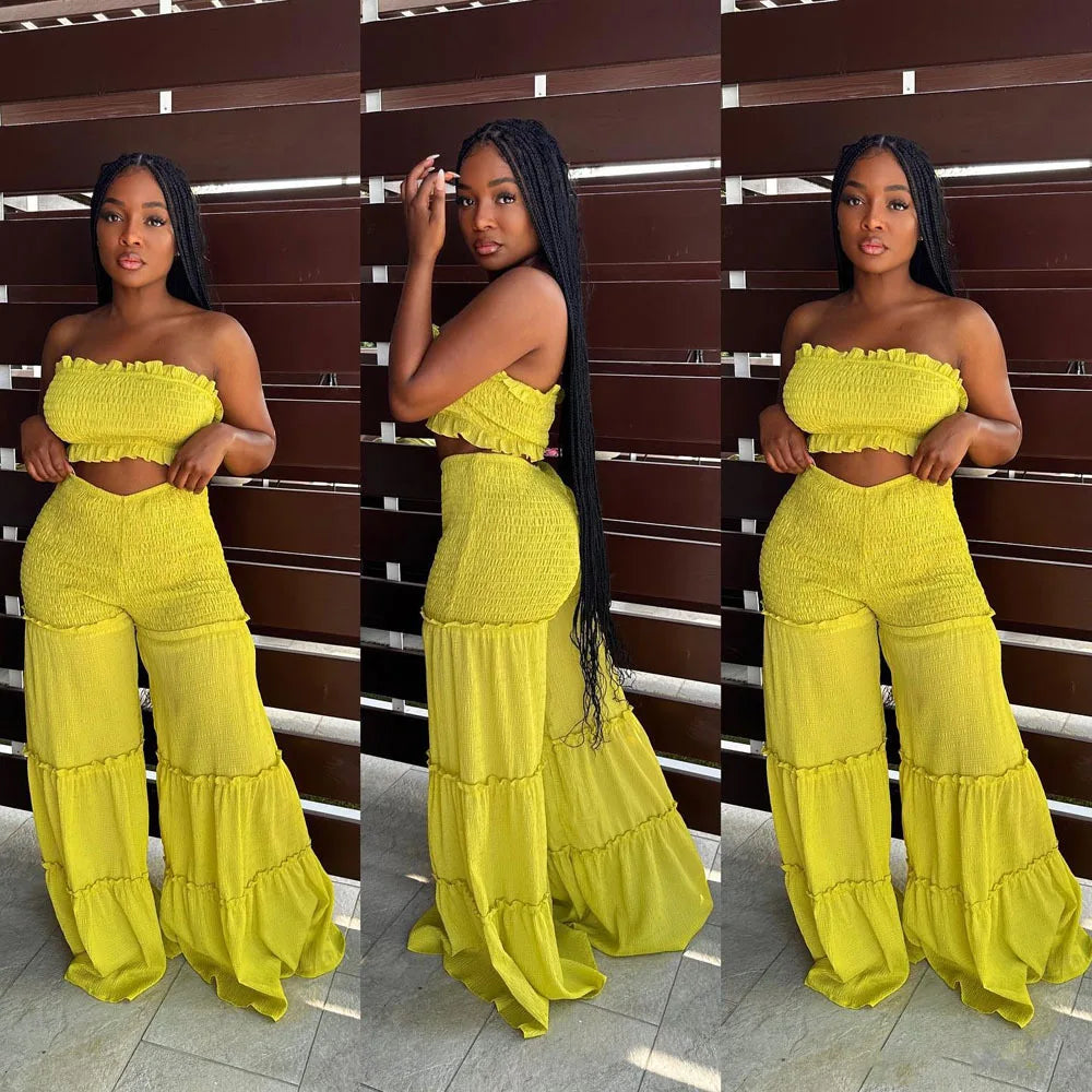 2pc Boho Ruffled Strapless Crop Tube Top + Wide Leg Pants Suit