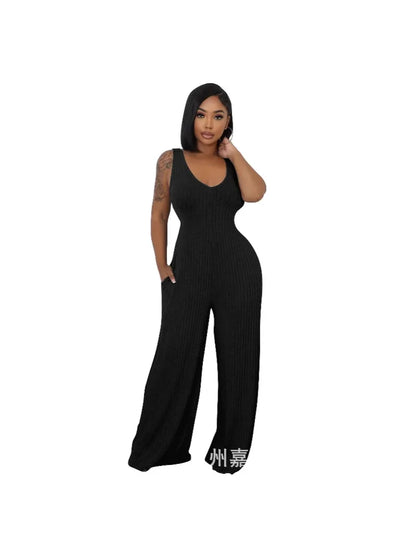Trendy Solid Color Elastic Wide Leg Jumpsuits (2pcs.)
