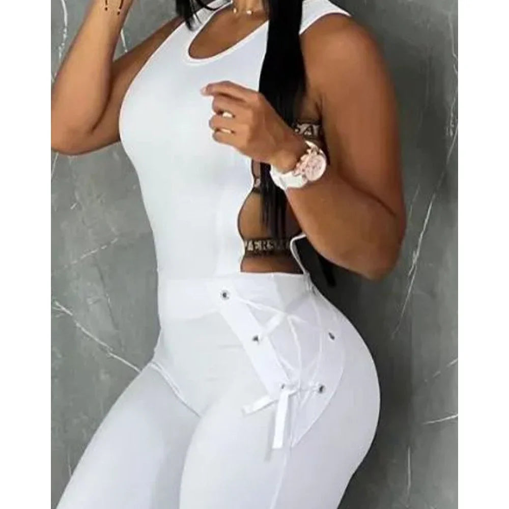 Letter Pattern Sleeveless Ladder Cut Out Jumpsuits