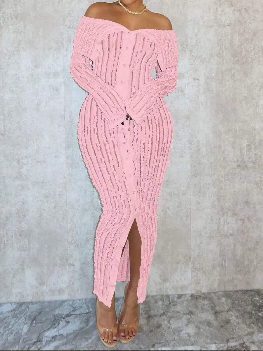 Pink Textured Off-Shoulder Knit Dresses with Front Split