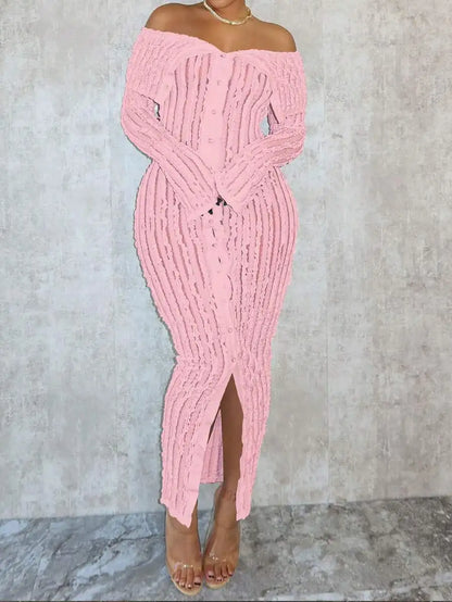 Pink Textured Off-Shoulder Knit Dresses with Front Split