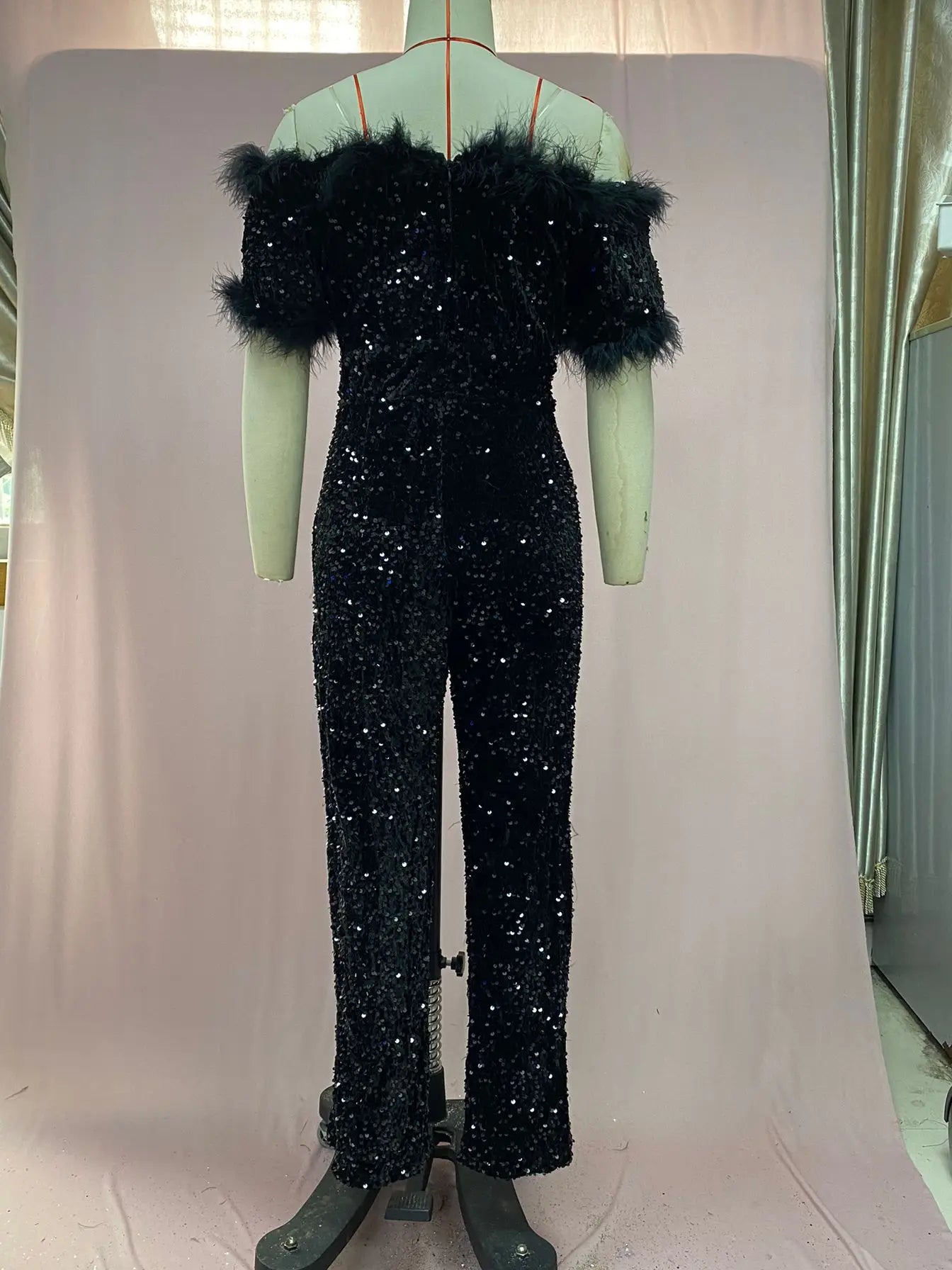 Kehinde Black Fur Off shoulder V-neck Sequin Jumpsuits (New)