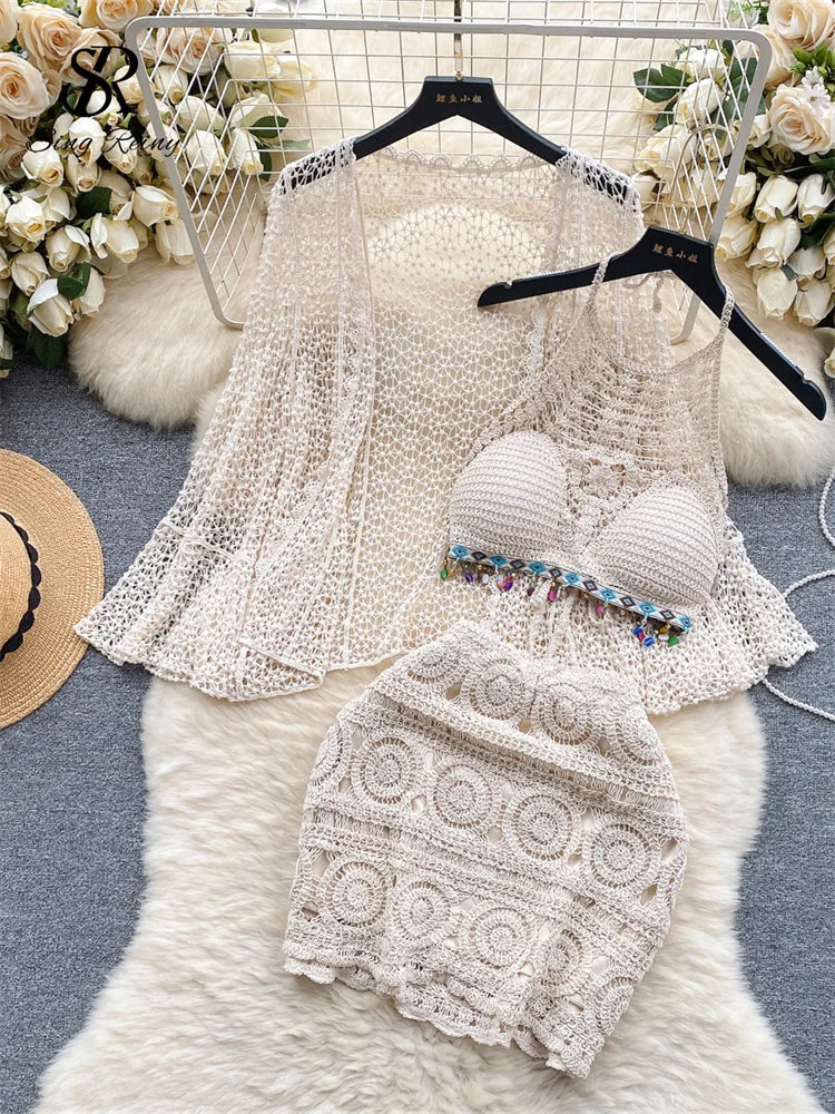 Halter Sleeveless Mini Camis + Hollow Out Cardigan + Elastic Waist Slim Skirt Vintage Swim Sets