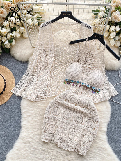 Halter Sleeveless Mini Camis + Hollow Out Cardigan + Elastic Waist Slim Skirt Vintage Swim Sets