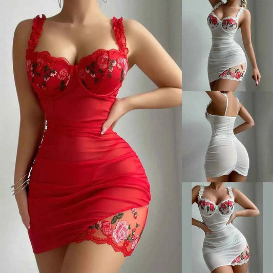 Flower Splicing Chest Support Sleeping Nightdress Sexy Lingerie Temptation Embroidered Nightgown Lace