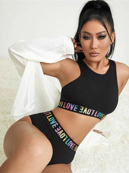 Love Letter Tank Crop Tops Gym Sport Bra  + Briefs Underwear Set ropa interior sexi mujer