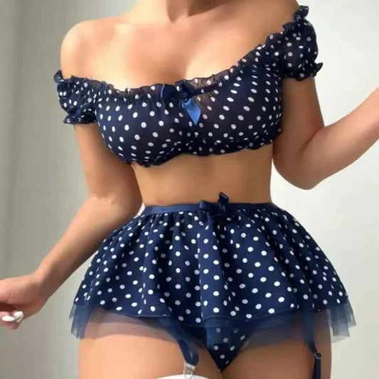 Erotic Short Skirt with Garter Straps Polka Dot + Off Shoulder Puffy Polka Bra Set