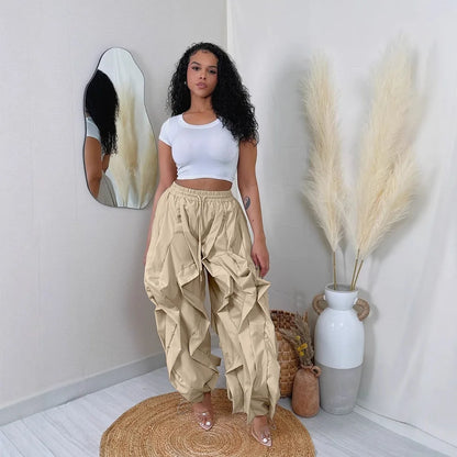 Ruched Lantern Sleeve Drawstring Patchwork Pants