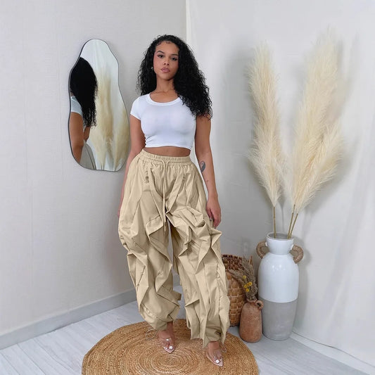 Ruched Lantern Sleeve Drawstring Patchwork Pants