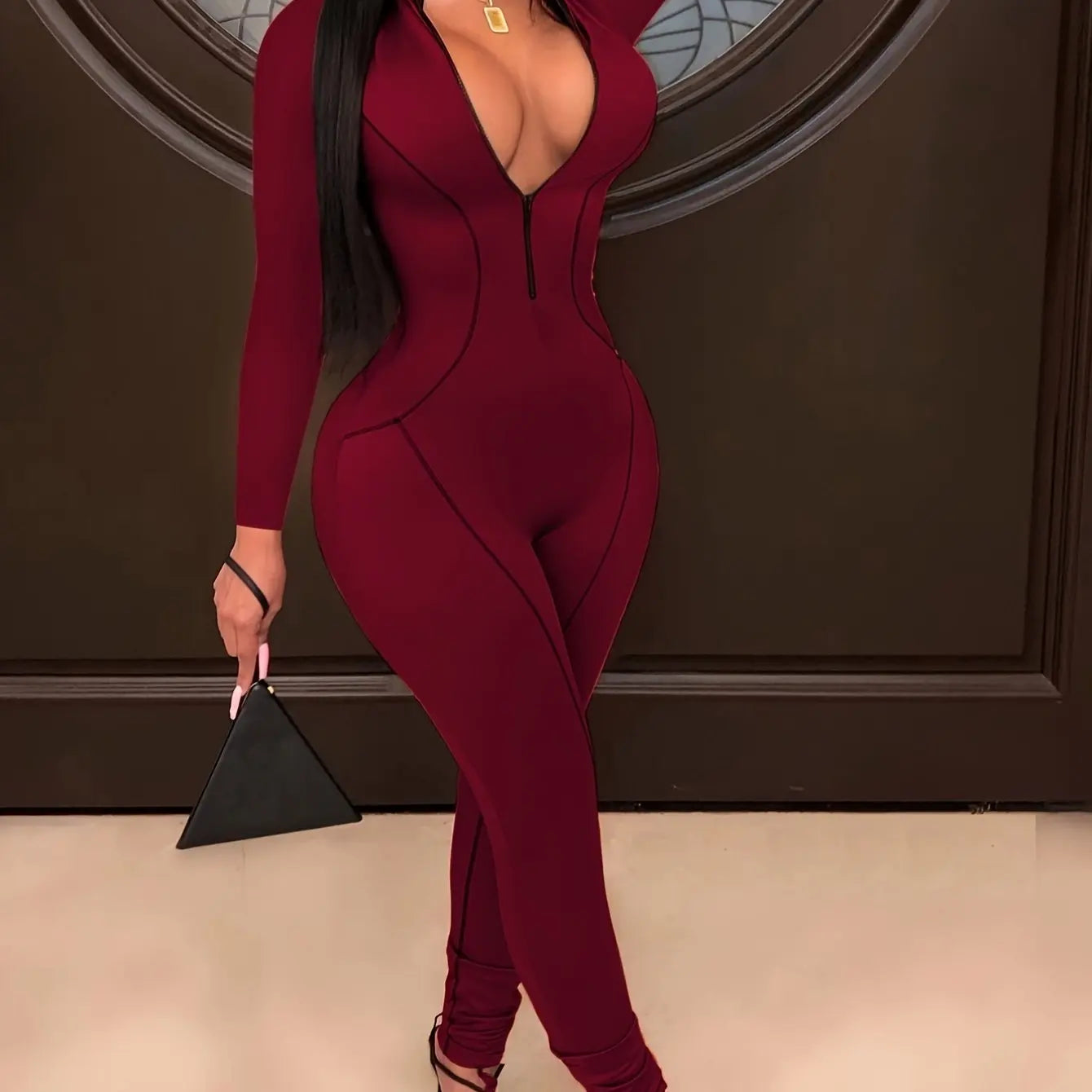 Women Zipper Up Striped Splicing Long Sleeve Bodycon Moto Biker Jumpsuit Sexy Club Night Party Romper Playsuit