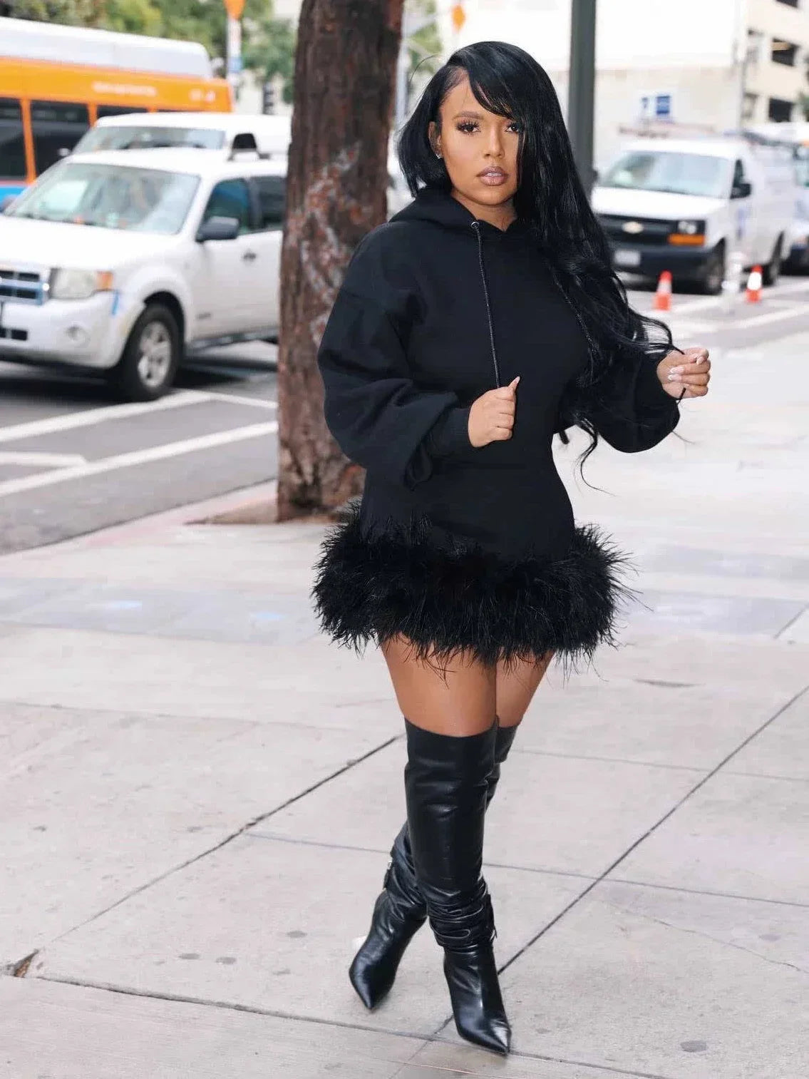 Fur Hem Hooded Sweatshirt Style Midi Dresses