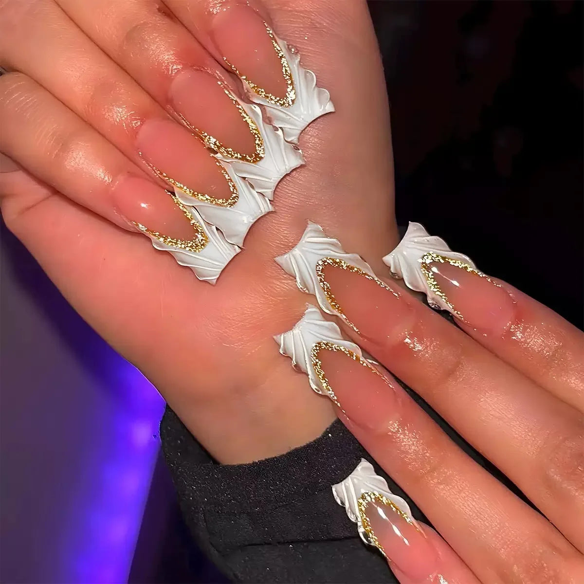 24Pcs Gold French Border False Nails Long Coffin False Nails with Rhinestones Ballerina Full Cover Nail Tips Press on Nails