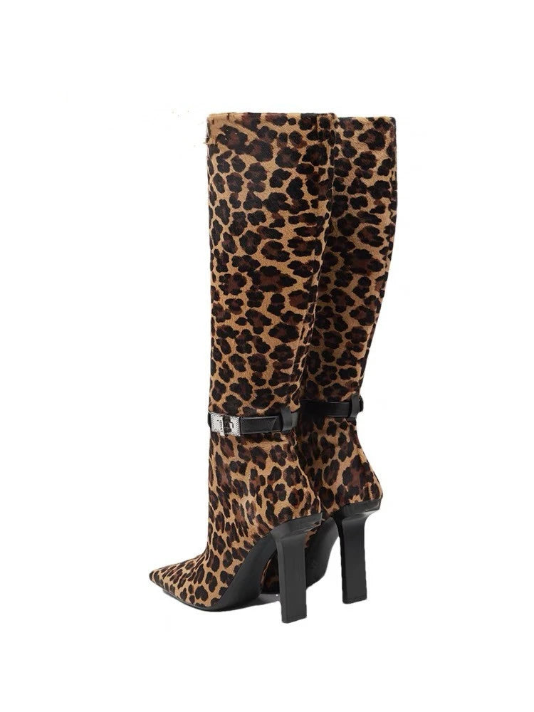 Sanaa Thick Heel Metal Belt Buckle, Side Zipper, Knee Length Leopard Print Boots