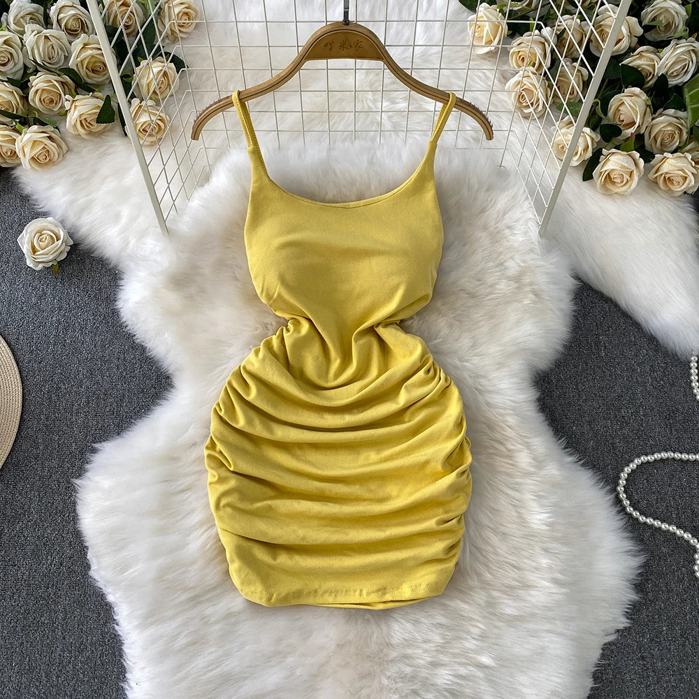 Spaghetti Strap Pleated Temperament Mini Dresses