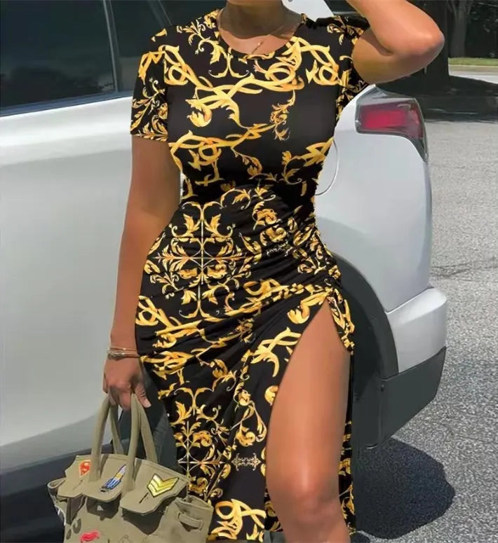 Trendy Printed Slim Bodycon Short Sleeves Drawstring Slit Midi Dresses
