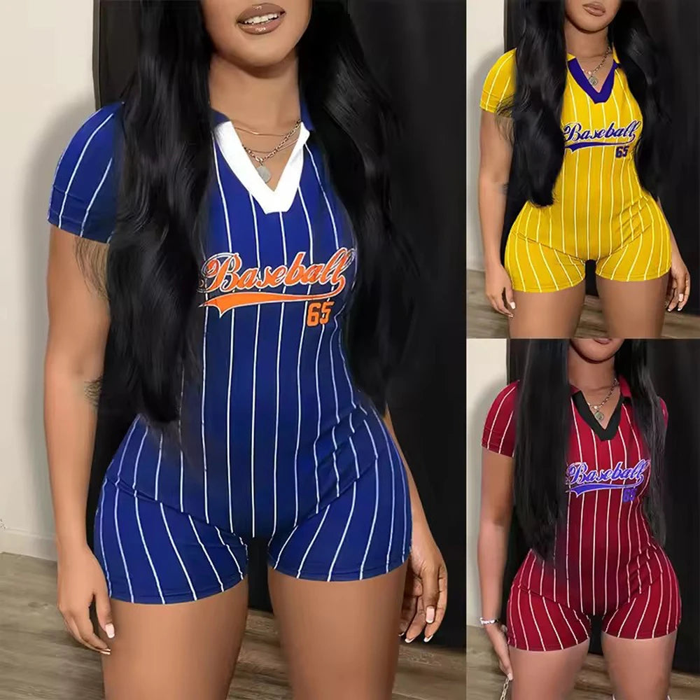 Hennessey's V Neck Baseball Letter One Piece Tight Short Jumpsuit