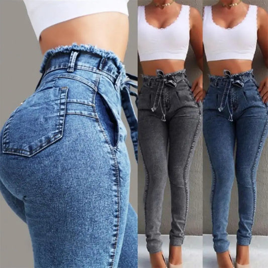 Jia Slim Tassel Waistband Stretch Denim Long Pencil Pants Jeans