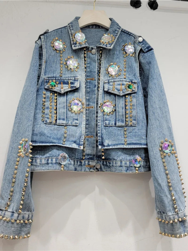 Kay's Handmade Design Rhinestone Beaded Slimming All-Matching Short Denim Jean Jacket (Trendy)