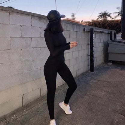Long sleeve skiing jumpsuit women elastic hight outfit fashion fitness sportswear slim rompers streetwear