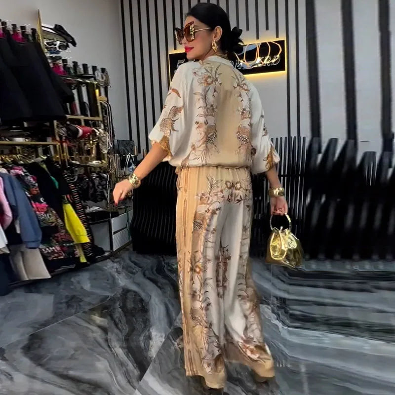 Flower Print Top + Drawstring Trousers Two-piece Suits