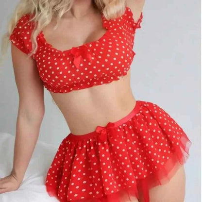 Erotic Short Skirt with Garter Straps Polka Dot + Off Shoulder Puffy Polka Bra Set