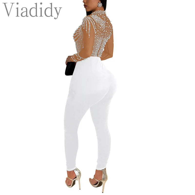 Colivia Long Sleeve Sheer Beads Rhinestone Skinny Jumpsuits