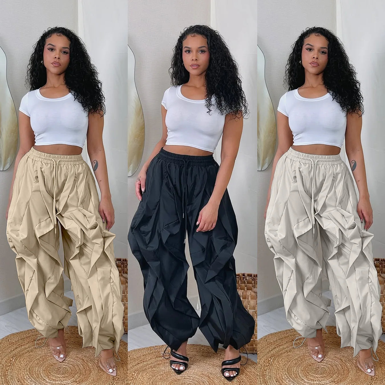 Ruched Lantern Sleeve Drawstring Patchwork Pants