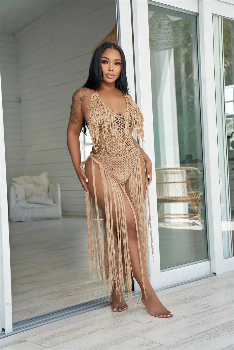 Knitted Tassel See Through Holiday Beach Bodysuits