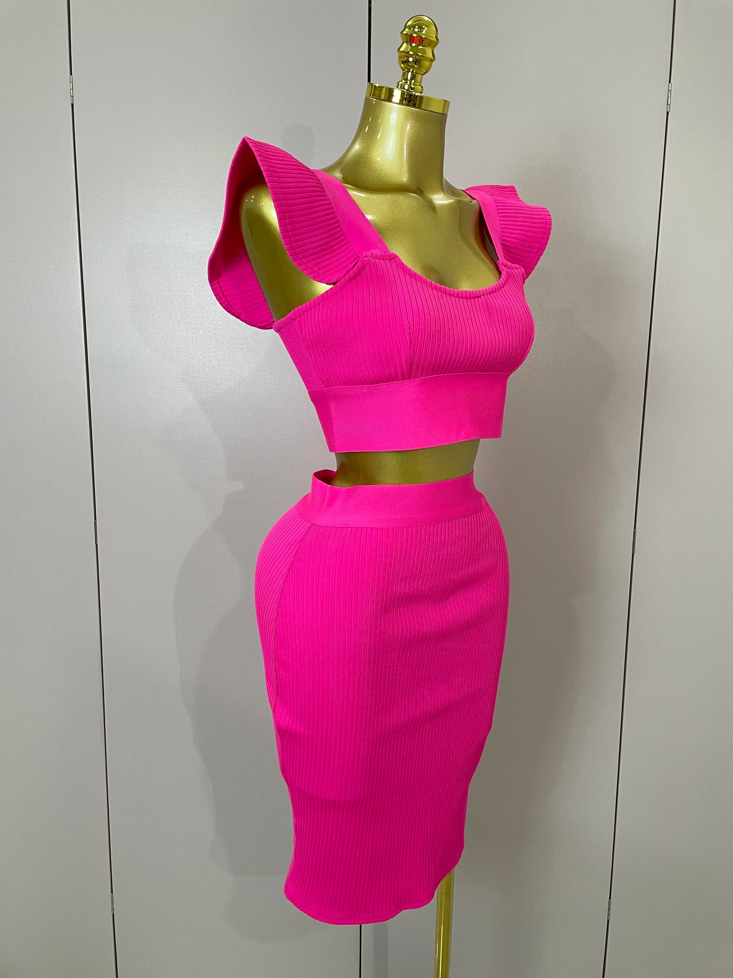 Celebrity Ruffles Red Bandage Skirt Sets