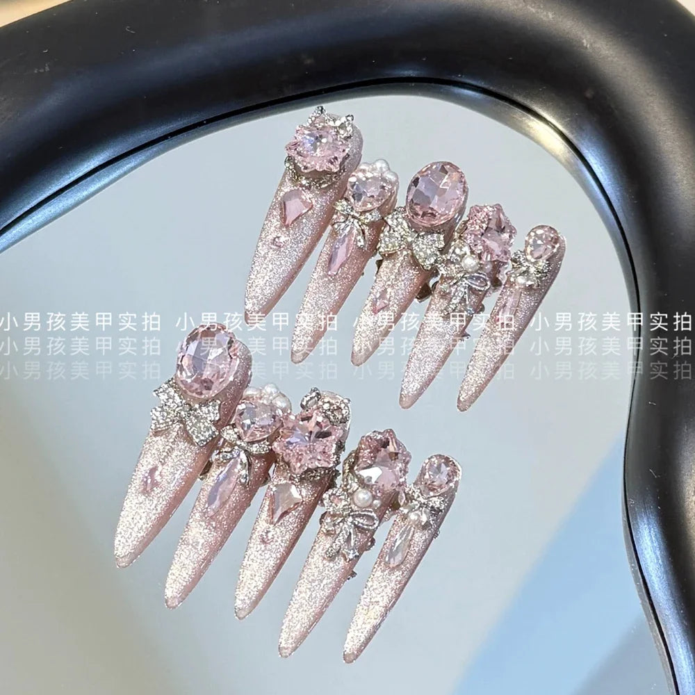 10Pcs Luxury Court Handmade Long Stiletto Full Cover Nails 3D Spice Girl Sparkling Diamond Bow Pearl Flowers Wearable Fake Nails