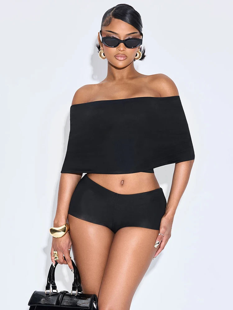 Simple Trend Slash Neck Mid Sleeve Crop Tops+Shorts+Foot Cover Matching Streetwear Outfits