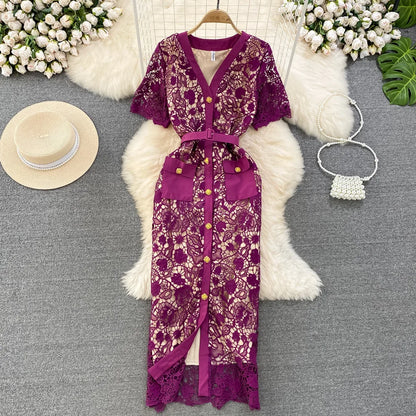 Floral Lace Dress V Neck High Waist Maxi Dresses