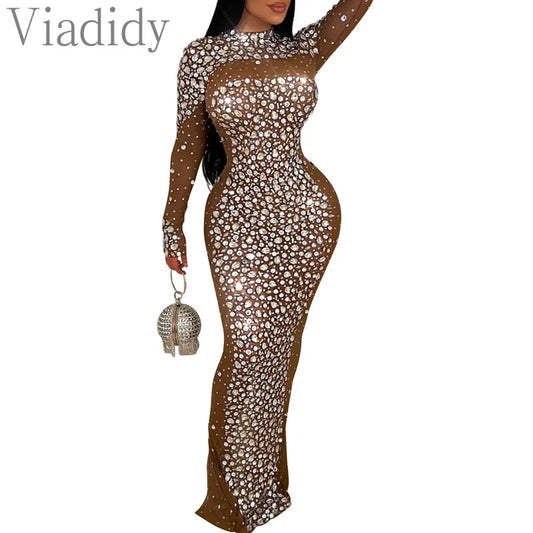 Vanessa See Through Sheer Rhinestone Long Sleeve Maxi Dress