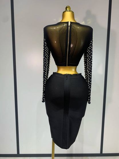 Celebrity Long Sleeve Mesh Pearl Top + Midi Skirt Sets