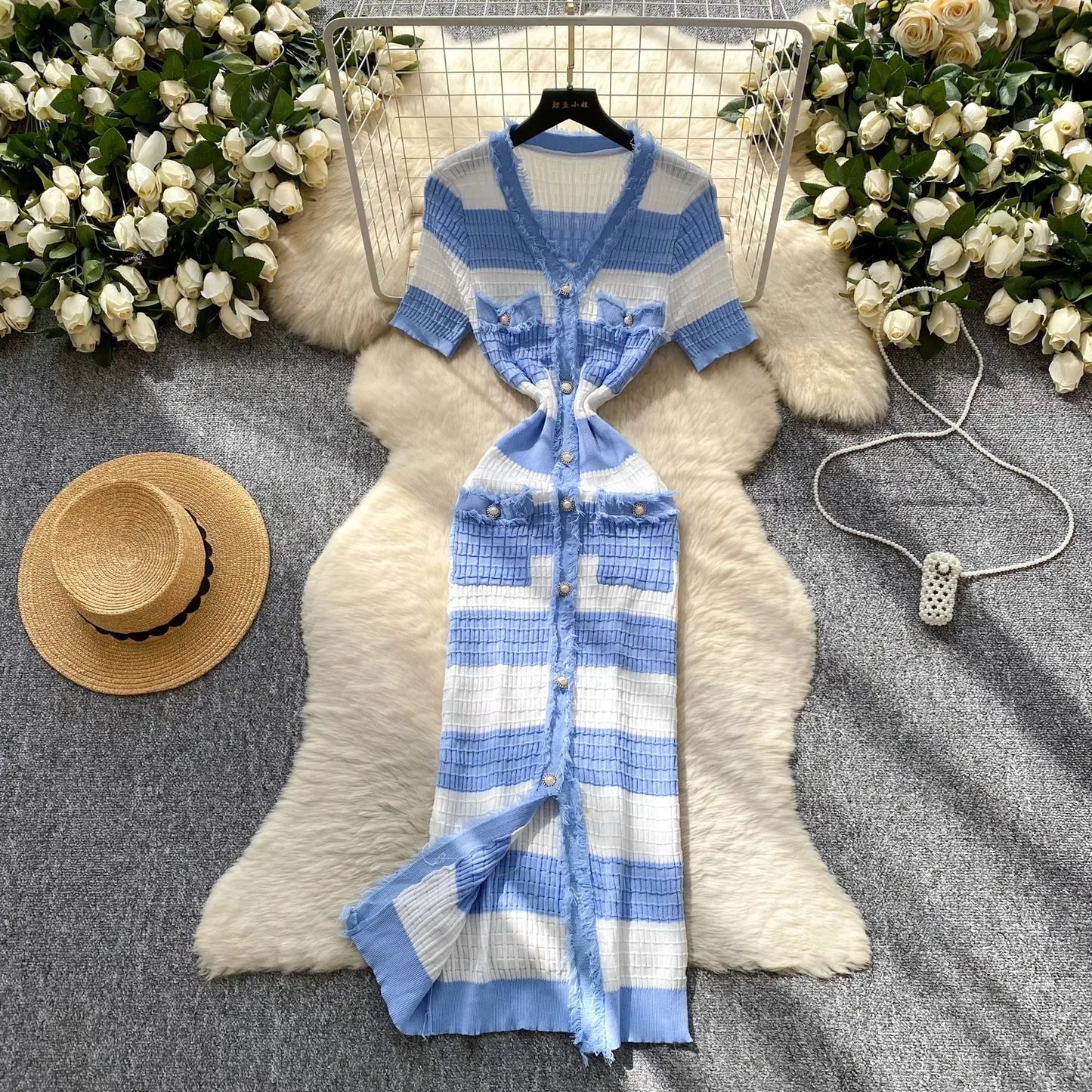 Chic Knitted Slim Waist Office Lady Sweater Maxi Dresses