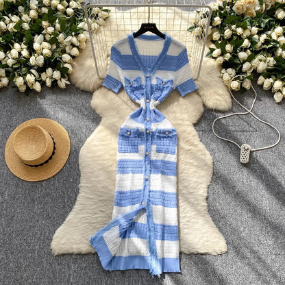 Chic Knitted Slim Waist Office Lady Sweater Maxi Dresses