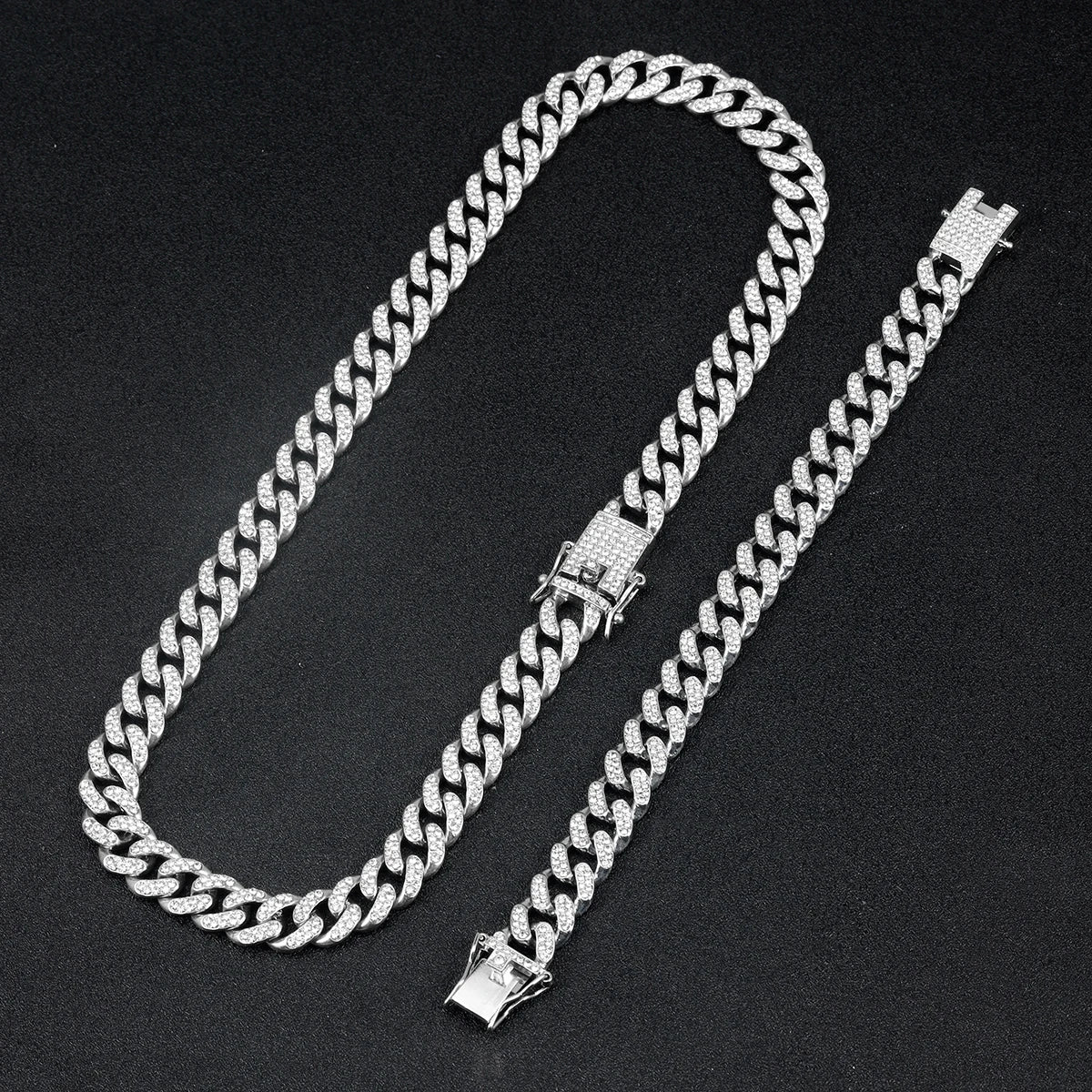 Punk Cuban Chain Stylish Sliver Cuban Chain+Bracelet 2-in-1 Set Personality Trend Street Style Jewelry Gift